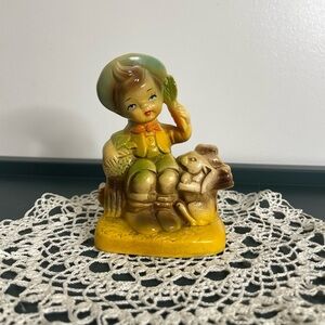 Vintage Porcelain Boy on th Fence with a Rabbit Figurine